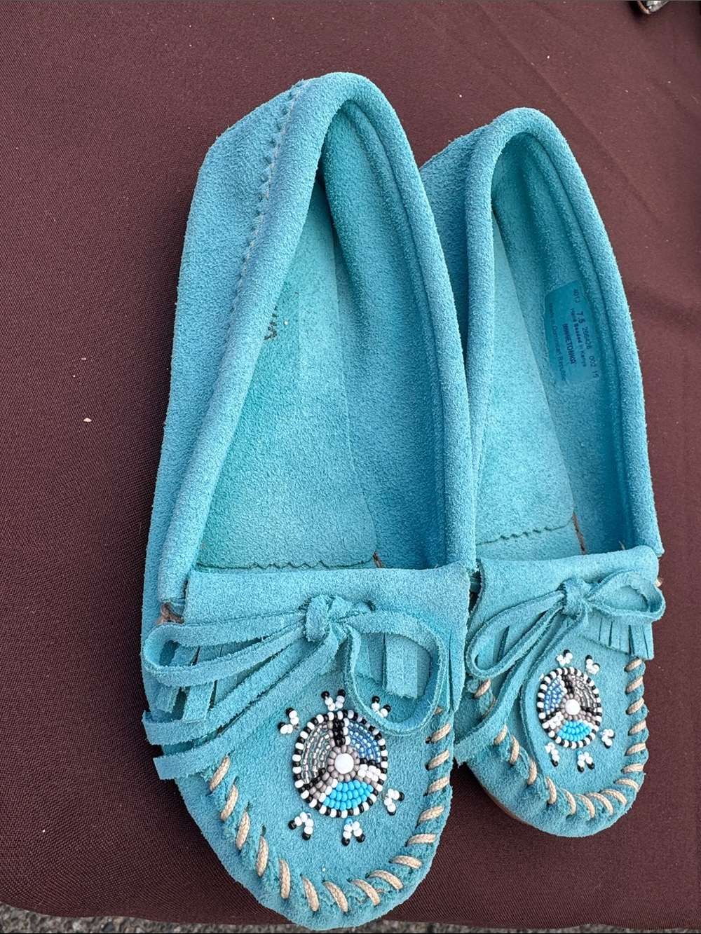 Minnetonka Turquoise Suede Beaded Moccasins